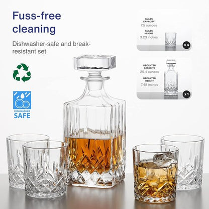 GoodGlassware Whiskey Decanter and Glasses (5 Piece Set) – Elegant Liquor Carafe with Ornate Solid Glass Stopper and 4 Matching Whisky Tumblers - Lead-Free and Dishwasher Safe Transparent