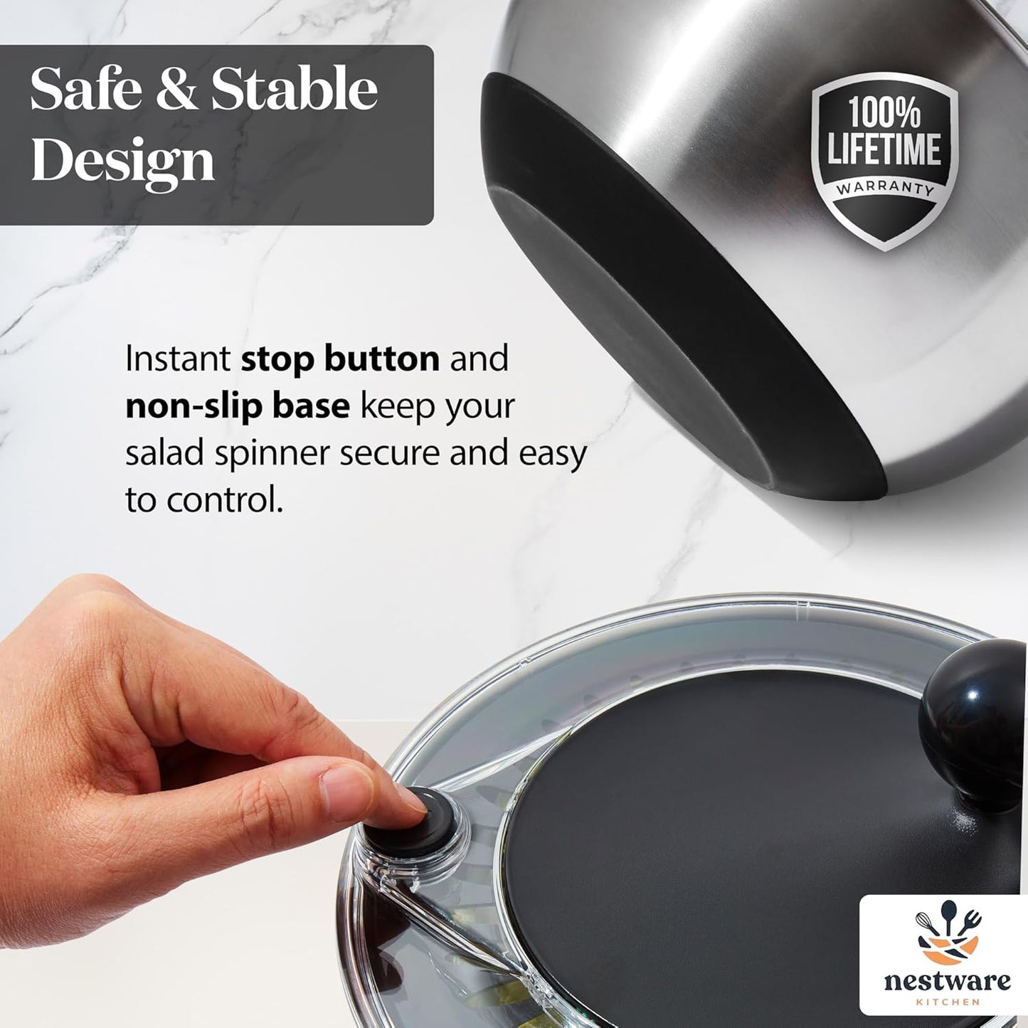 Stainless Steel Salad Spinner - 5L Capacity Lettuce & Vegetable Dryer with Non-Slip Base | Black