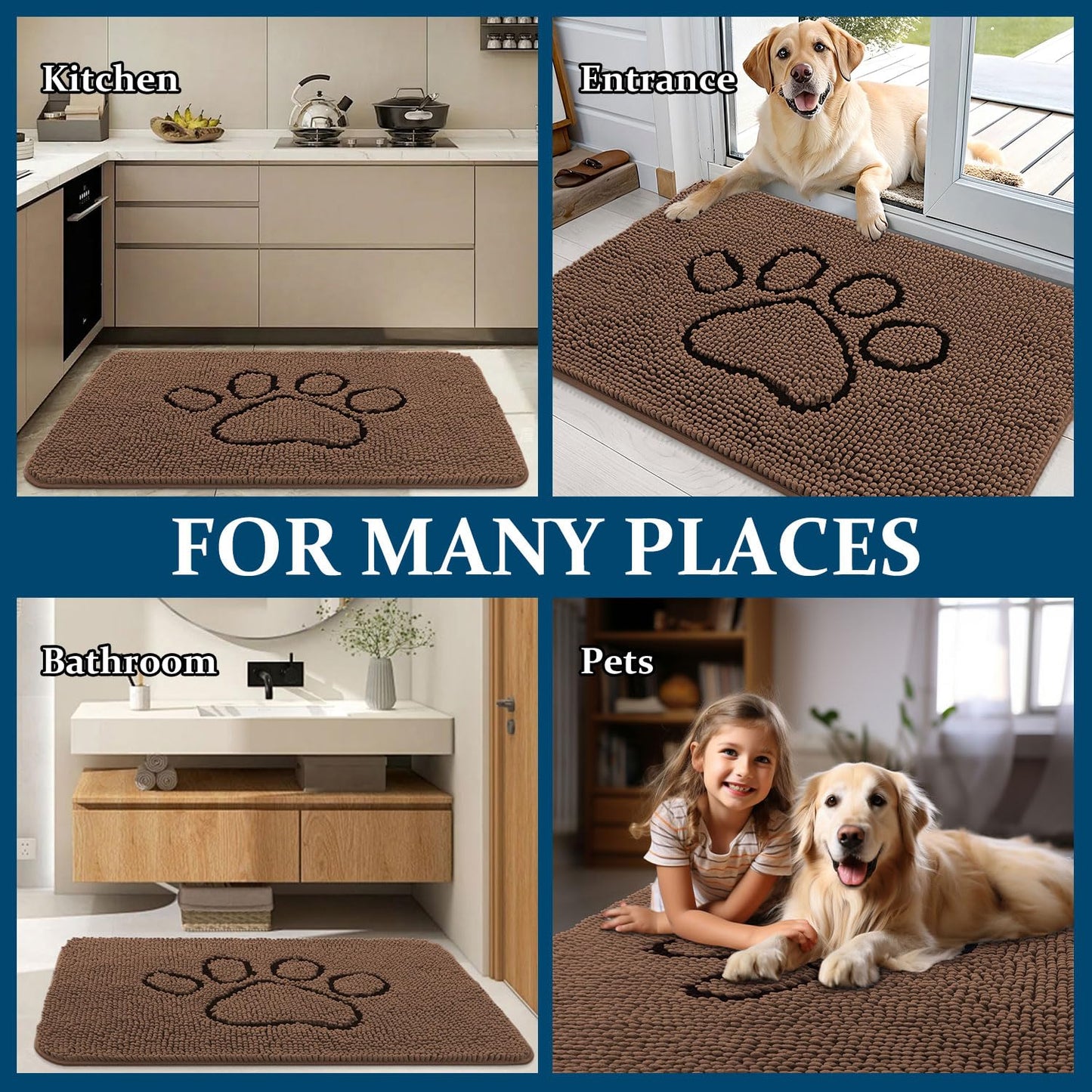 OLANLY Dog Door Mat for Muddy Paws 36x24, Paw Print Design, Absorbs Moisture and Dirt, Absorbent Non-Slip Washable Doormat, Quick Dry Chenille Mud Mat for Dogs, Entry Indoor Entryway Carpet, Mocha