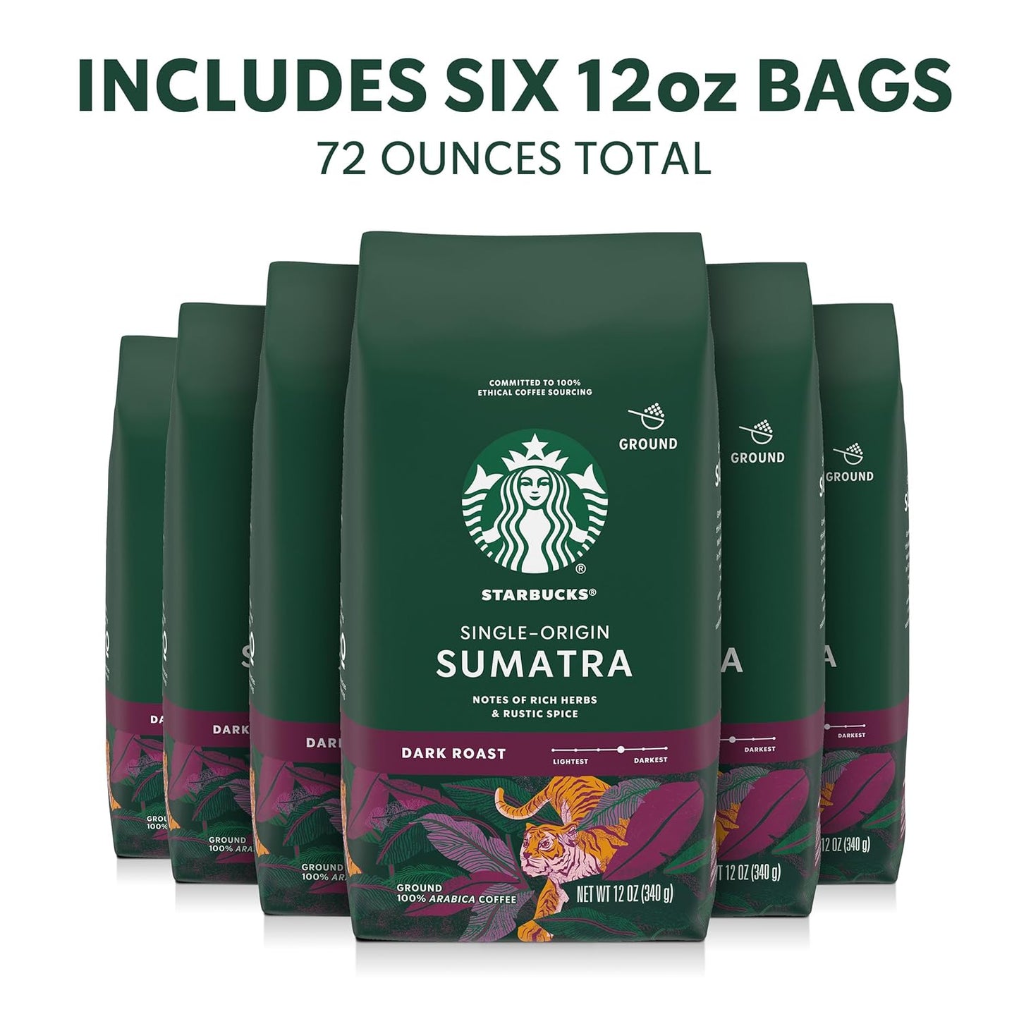 Starbucks Ground Coffee - Dark Roast Single-Origin Sumatra | Six 12 oz Bags for Hot or Iced Brew
