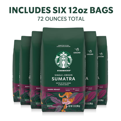 Starbucks Ground Coffee - Dark Roast Single-Origin Sumatra | Six 12 oz Bags for Hot or Iced Brew