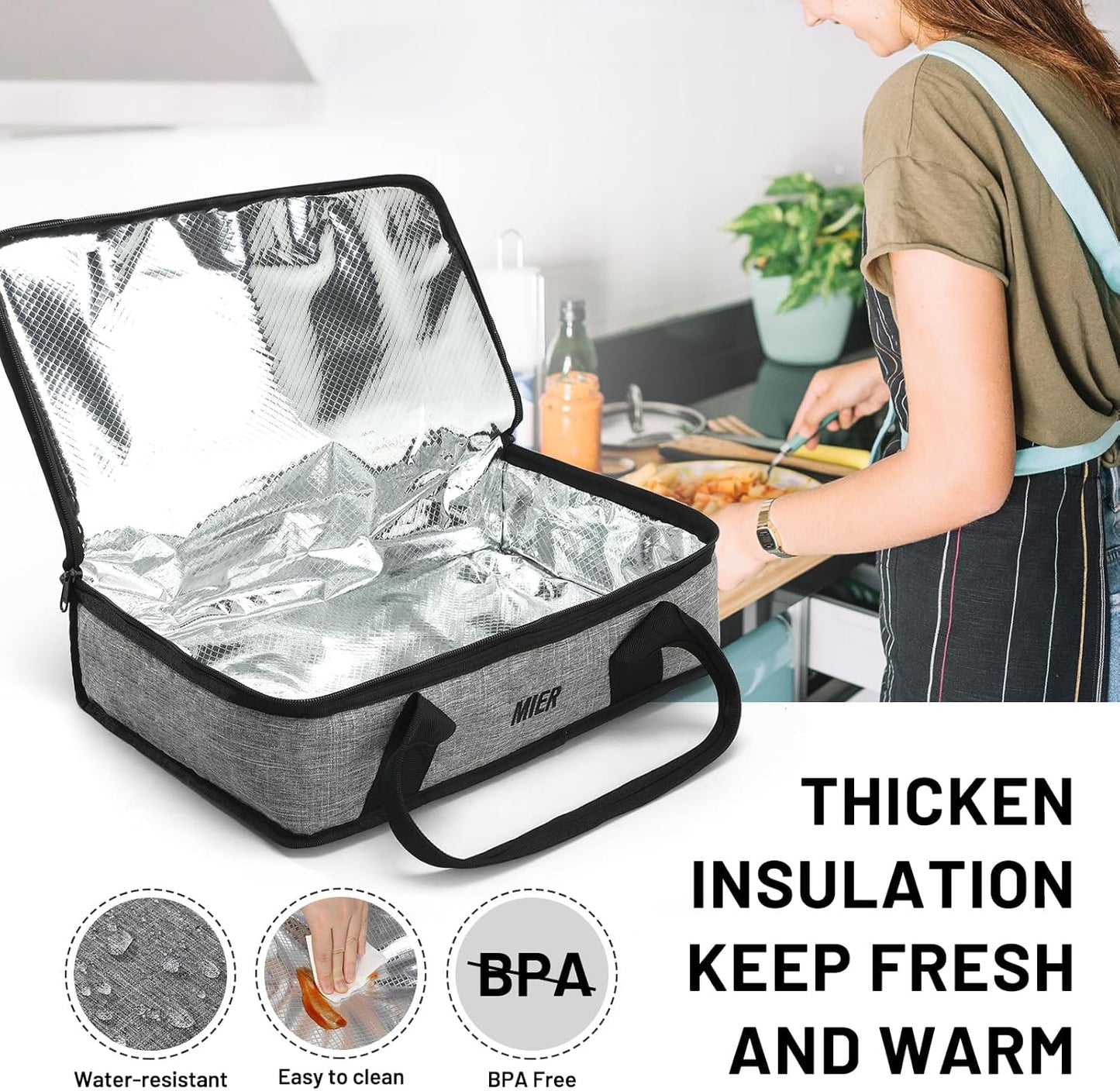 MIER Insulated Casserole Carrier - Thermal Food Bag for Hot or Cold Dishes | Fits 9"x13" Baking Dish, Gray