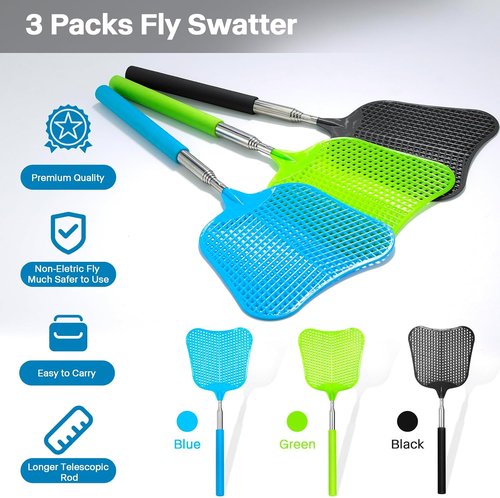 Begonia Telescopic Fly Swatter - Heavy-Duty Manual Plastic Design with Stainless Steel Handle | 3 Pack