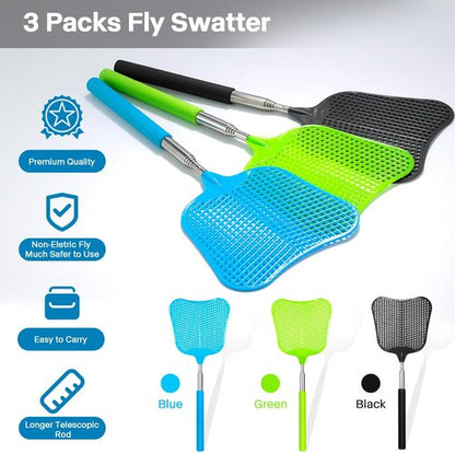 Begonia Telescopic Fly Swatter - Heavy-Duty Manual Plastic Design with Stainless Steel Handle | 3 Pack