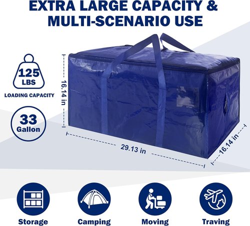 Extra Heavy Duty Moving Bags by [Brand Name] - 8 Pack Sturdy Storage Totes with Strong Zipper & Handles | Dark Blue - 33 Gallon