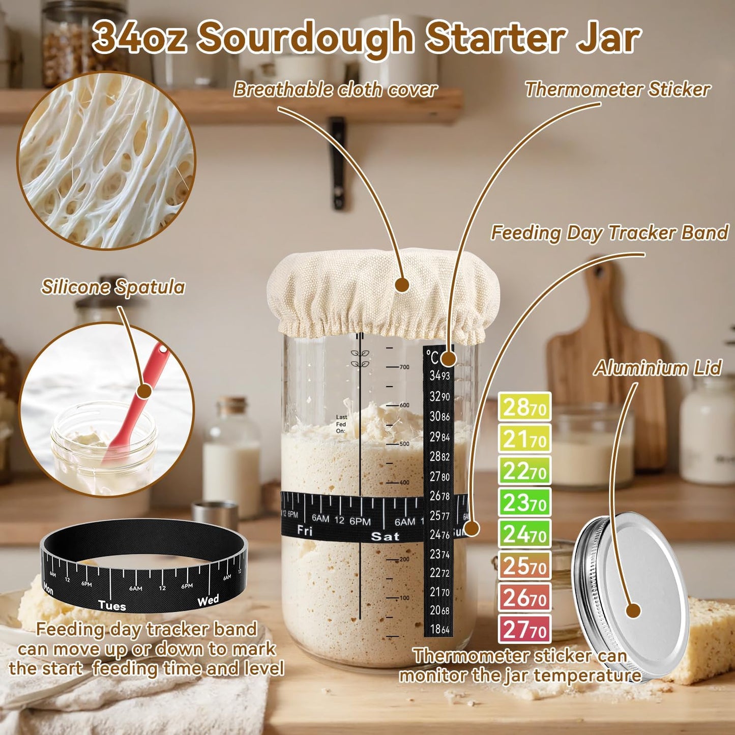 Skiennix 24 PCS Sourdough Starter Kit - Includes 34oz Jar & Silicone Banneton Proofing Baskets
