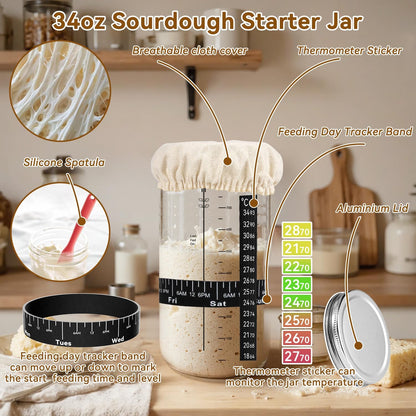 Skiennix 24 PCS Sourdough Starter Kit - Includes 34oz Jar & Silicone Banneton Proofing Baskets