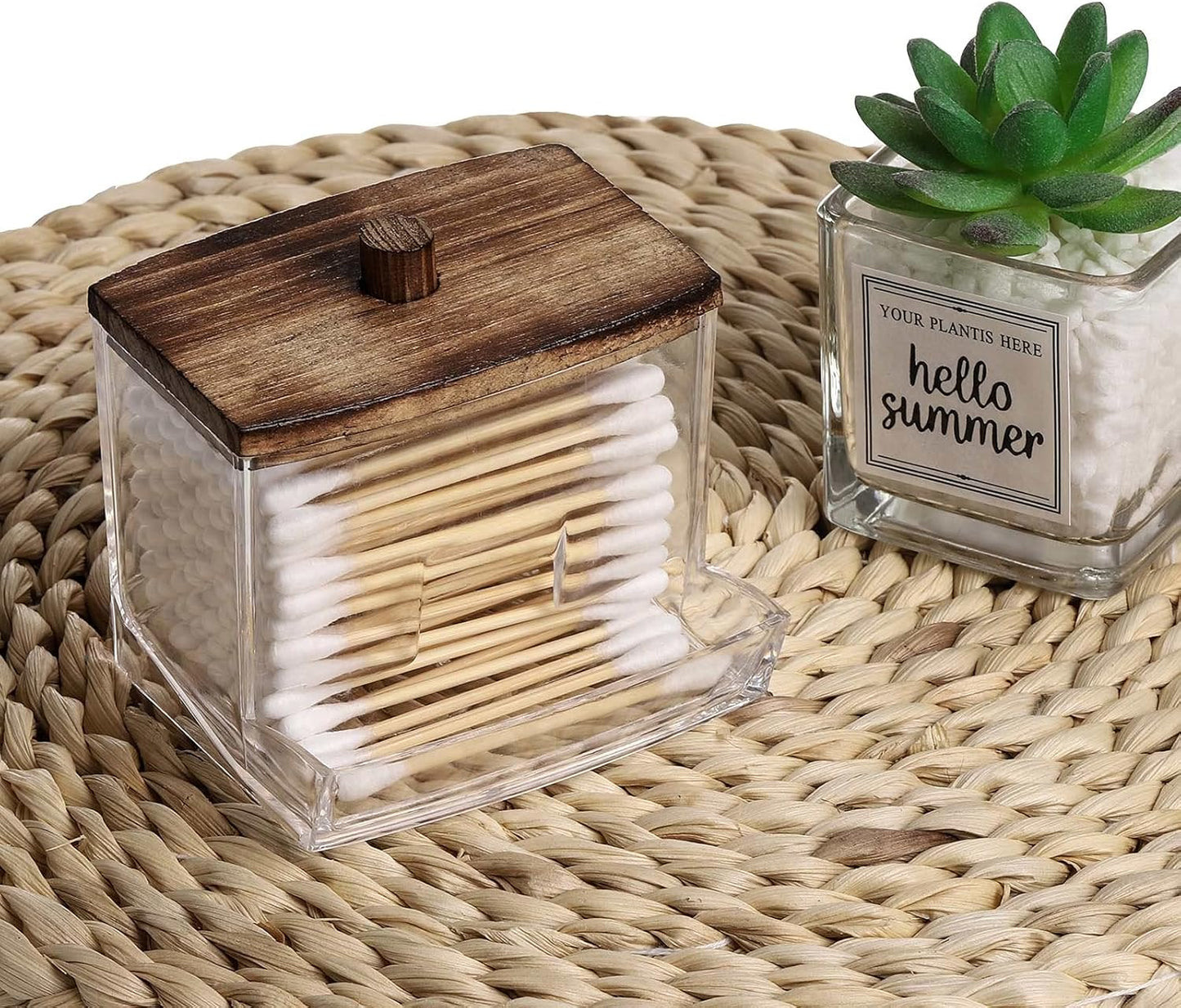 Tbestmax Cotton Swab Holder - Stylish Brown Wood Lid Qtip Dispenser for Bathroom Storage | 7 OZ