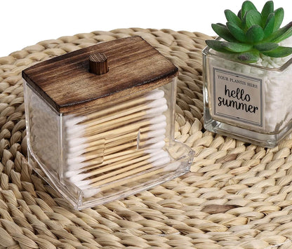 Tbestmax Cotton Swab Holder - Stylish Brown Wood Lid Qtip Dispenser for Bathroom Storage | 7 OZ