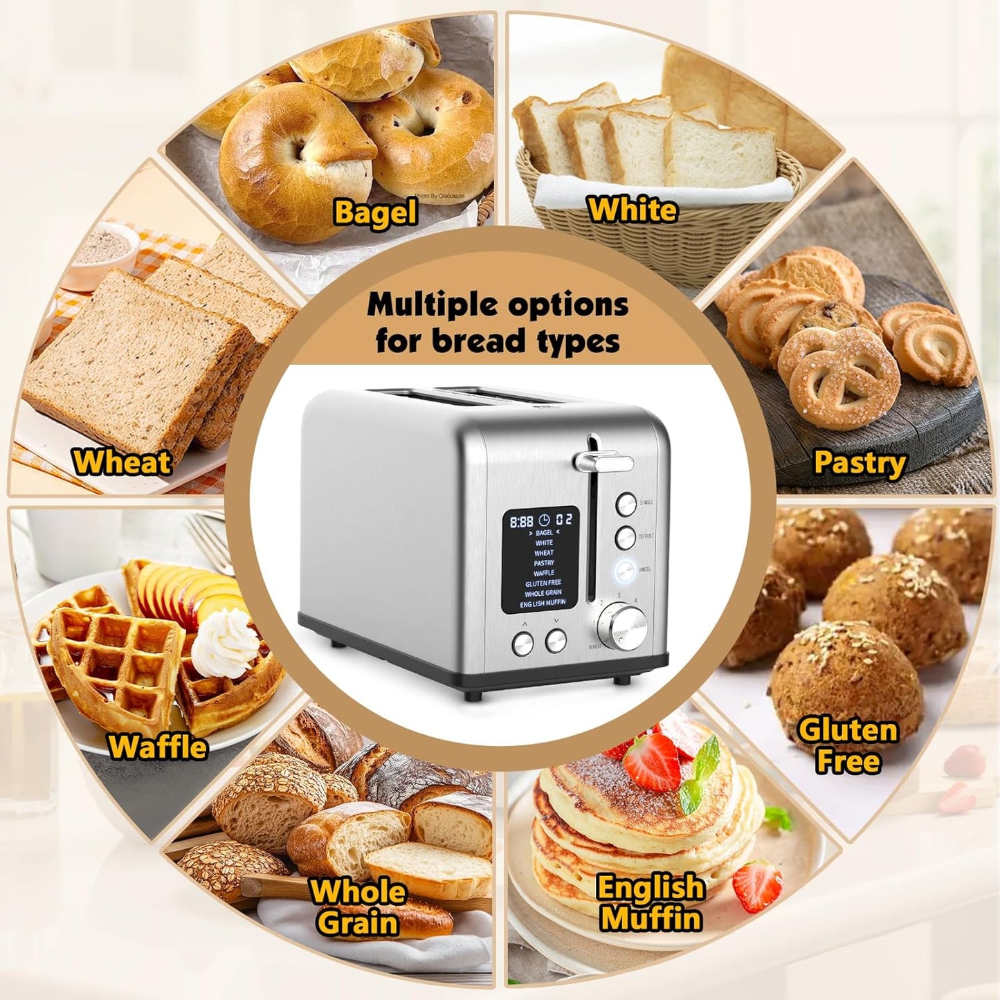 Skiennix 2-Slice Bagel Toaster - Stainless Steel with LED Timer & 6 Browning Levels, 825W