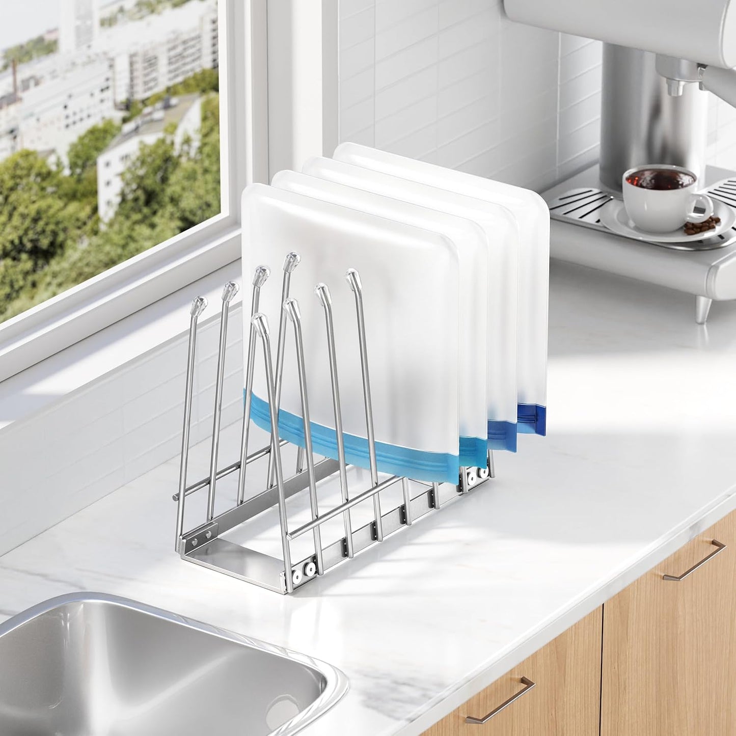 Skiennix Reusable Bag Drying Rack - Foldable Metal Stand for Ziplock & Silicone Bags | Rustproof Silver