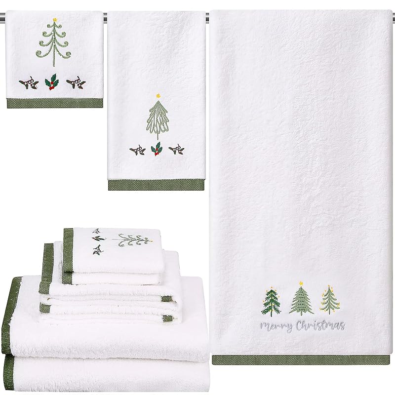 Peryiter 6 Pack Christmas Tree Towel Set - Embroidered Cotton Bath, Hand & Washcloths (Variation: Christmas Tree)