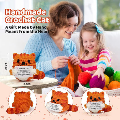 Orange-Cat Positive Crochet Cat Gift — Uplifting Message for Women & Men, Handmade Décor