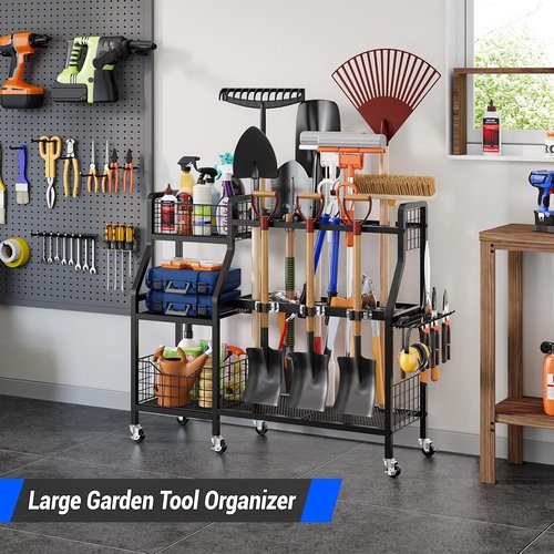 Keomaisyto Garden Tool Organizer - Heavy Duty Metal Storage with 6 Wheels & 2 Baskets | Ideal for Garage, Shed & Yard