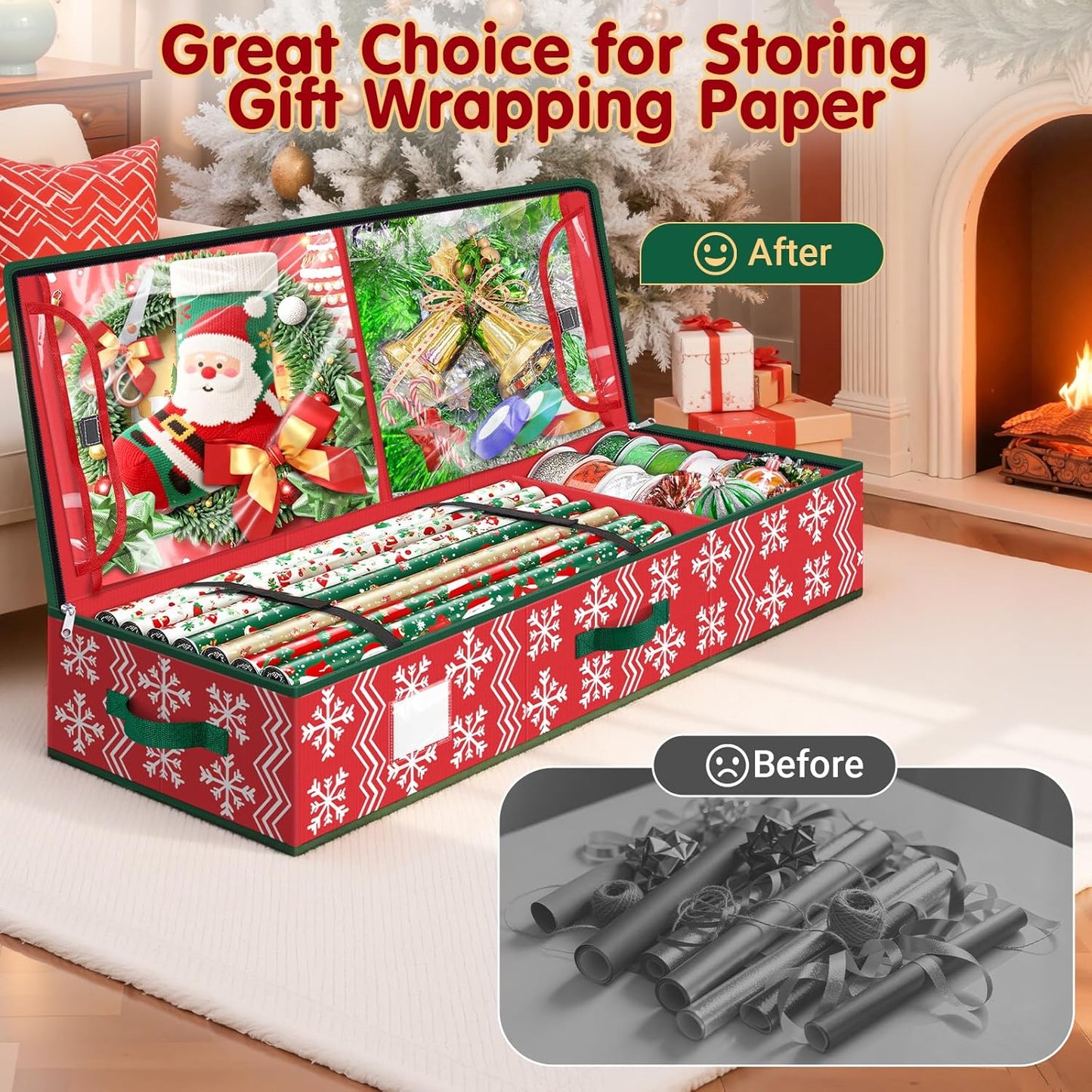 Skiennix Christmas Wrapping Paper Organizer - Flexible Partition & Pockets for Holiday Storage | Red Wave & Snowflake Design