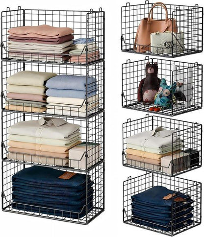 Jakyitvi 4-Tier Stackable Closet Organizer - Foldable Storage Bins for Clothes & Accessories - Sturdy Black Iron Mesh Shelves