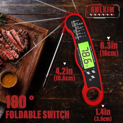 AWLKIM Digital Meat Thermometer - Instant Read Waterproof Kitchen & Grill Thermometer | Red with Backlight