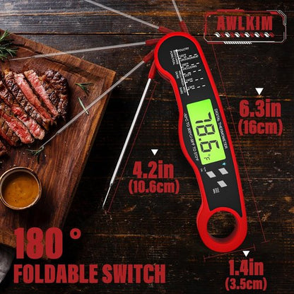AWLKIM Digital Meat Thermometer - Instant Read Waterproof Kitchen & Grill Thermometer | Red with Backlight