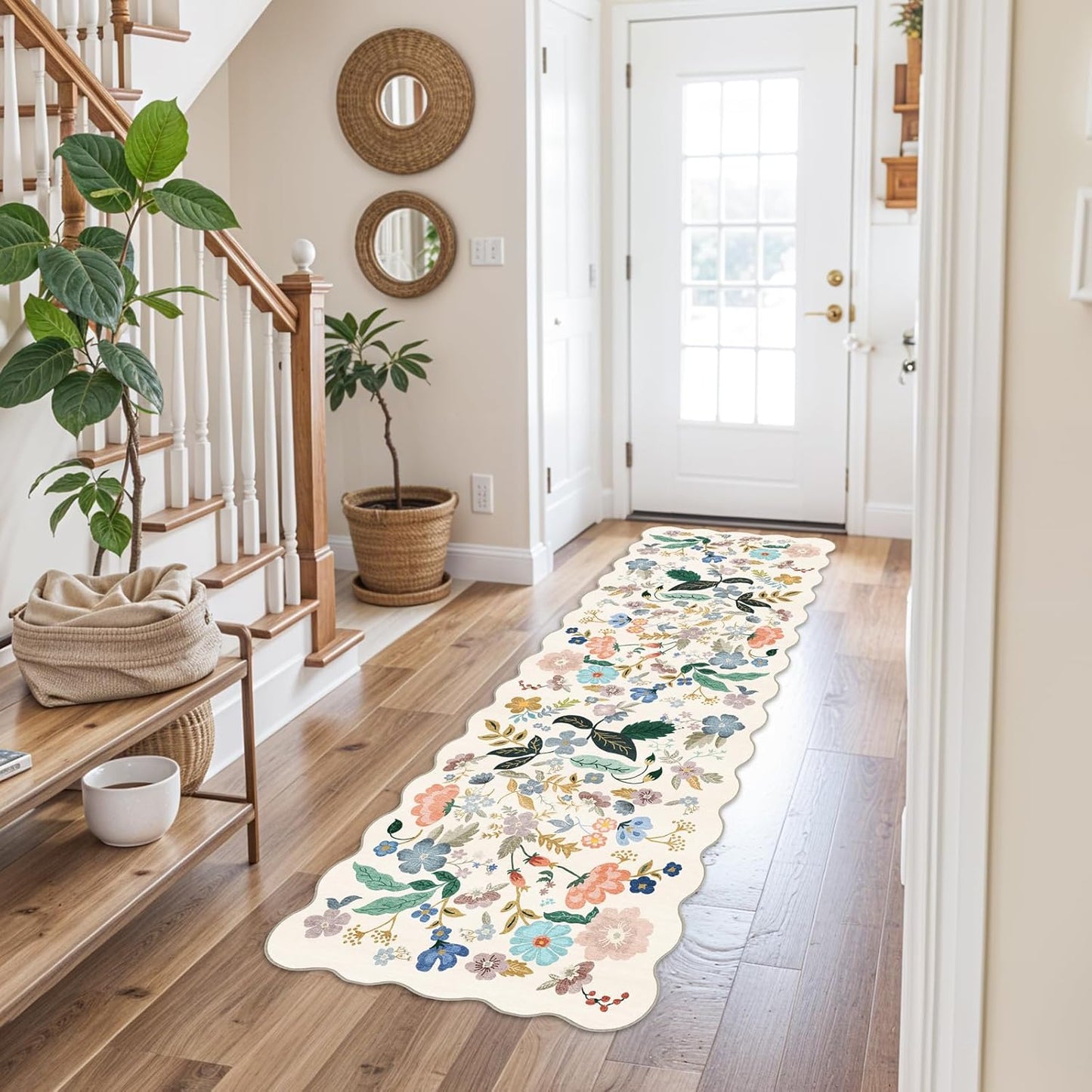 Skiennix Washable Hallway Runner Rug - Floral Non-Slip Vintage Carpet | Ultra Soft 2x6 Cream Mat