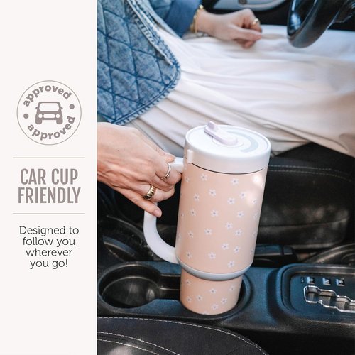 Ello Oasis 30 oz Tumbler - Insulated Stainless Steel Cup with Handle & Straw | 24-Hour Cold Retention, Pink Gingham