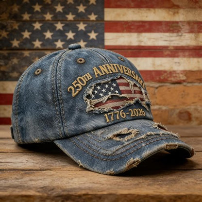 250th Anniversary USA Hat - Ripped Denim Baseball Cap for Men & Women | Celebrate America's Milestone
