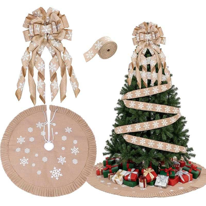 Zomiboo 47 Inch Christmas Tree Skirt Topper Bow Ribbon Set, Linen