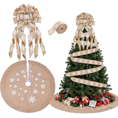 Zomiboo 47 Inch Christmas Tree Skirt Topper Bow Ribbon Set, Linen
