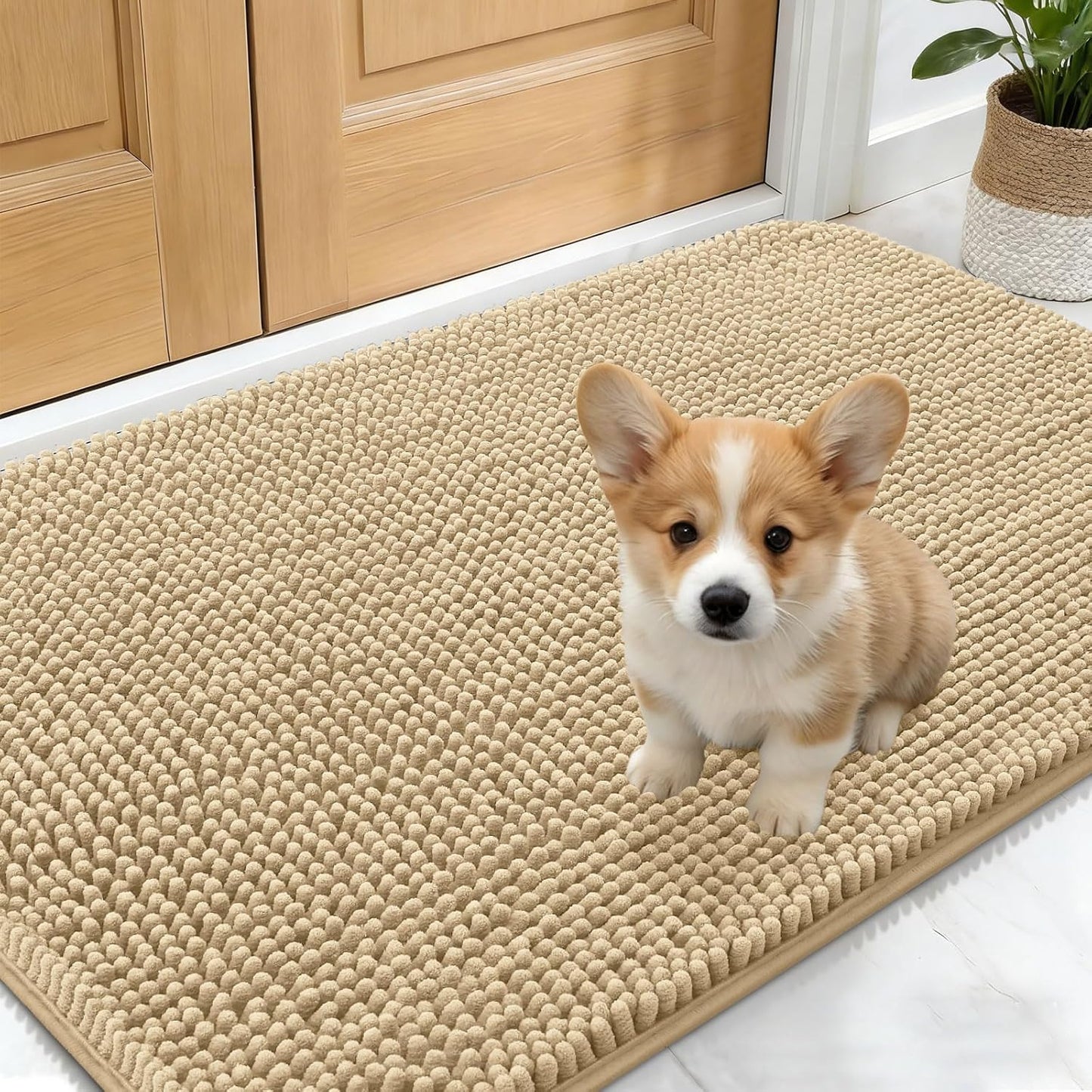 OLANLY Dog Door Mat - Absorbent Non-Slip Chenille Mat for Muddy Paws | 30x17 Inches, Beige