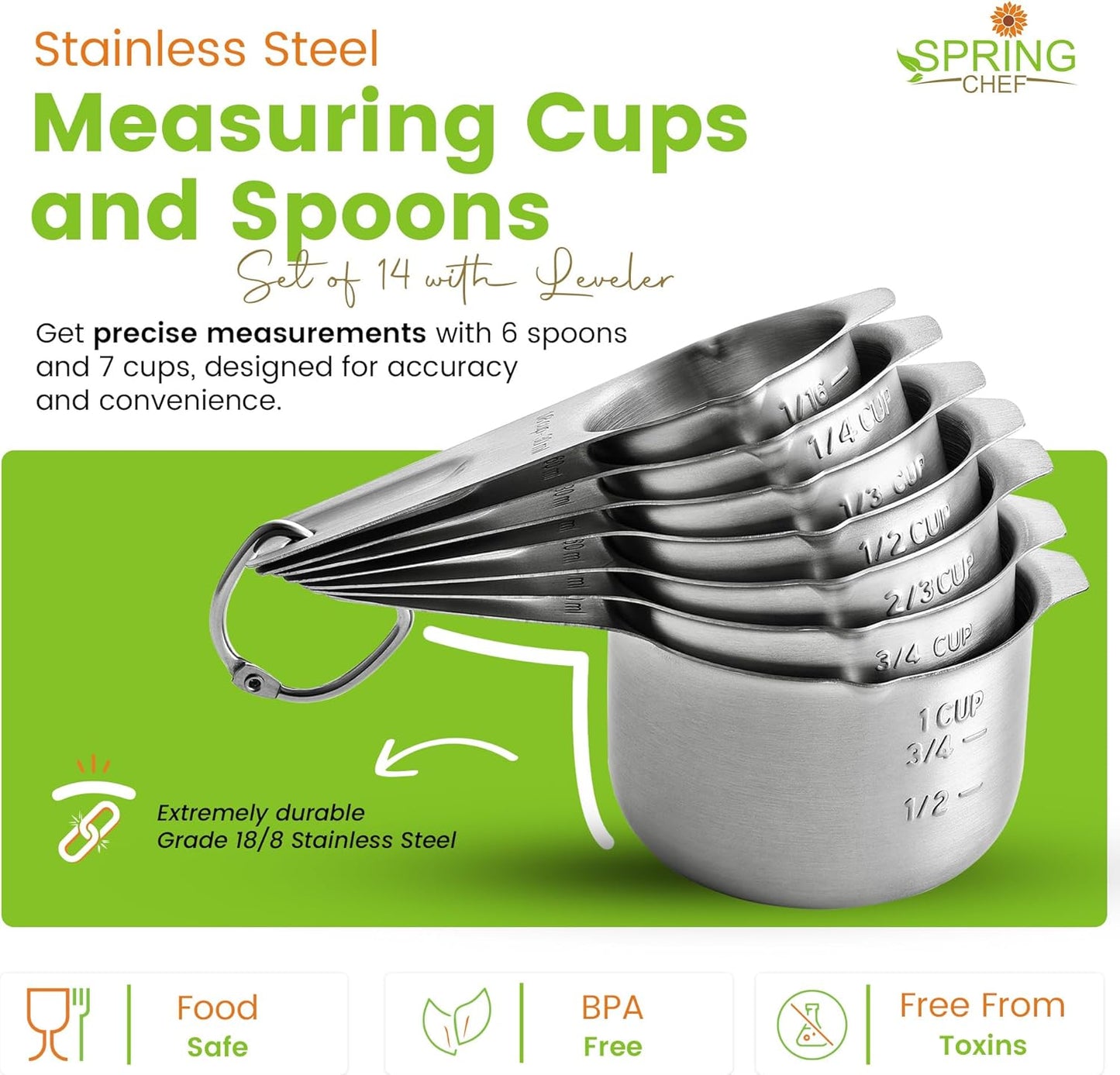 Spring Chef Stainless Steel Measuring Cups & Spoons Set - 14-Piece Nesting Kitchen Tool for Accurate Cooking & Baking
