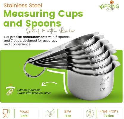 Spring Chef Stainless Steel Measuring Cups & Spoons Set - 14-Piece Nesting Kitchen Tool for Accurate Cooking & Baking