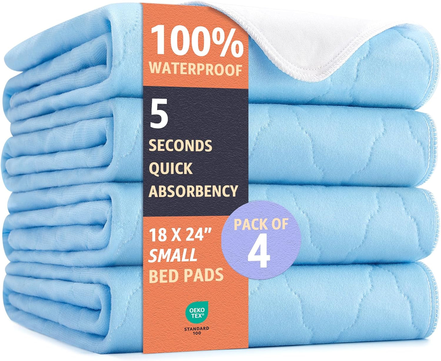 Washable Underpads - Heavy Absorbency Waterproof Reusable Incontinence Pads for Pets | 18 x 24 Inches, Blue, Pack of 4