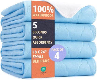 Washable Underpads - Heavy Absorbency Waterproof Reusable Incontinence Pads for Pets | 18 x 24 Inches, Blue, Pack of 4