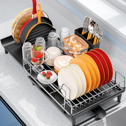 TOOLF Expandable Dish Rack - Stainless Steel Dish Drying Rack with Cutlery Holder | Large & Foldable, Black