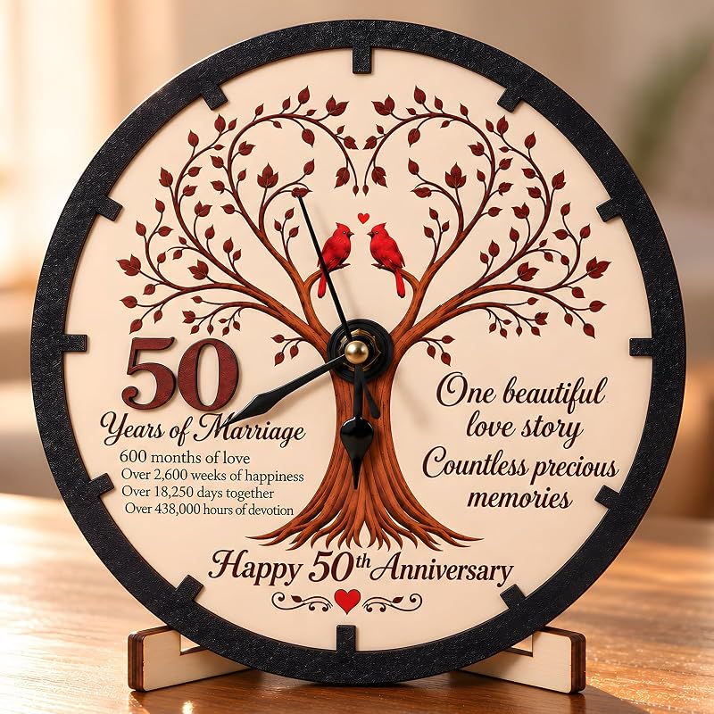 50th Anniversary Wooden Clock Keepsake - Tree of Life, Cardinal Design, 7-Inch Desk Clock
