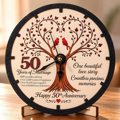 50th Anniversary Wooden Clock Keepsake - Tree of Life, Cardinal Design, 7-Inch Desk Clock