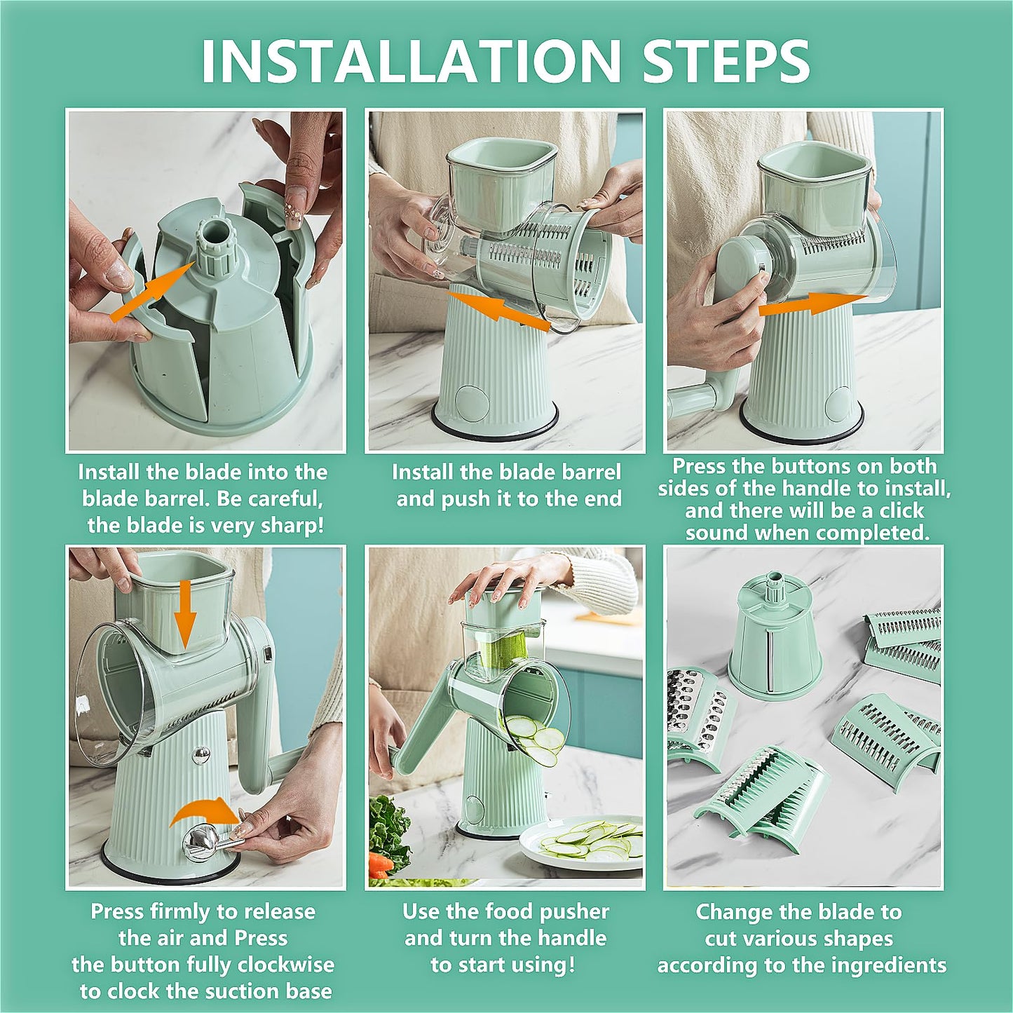 PDAENLKY Rotary Cheese Grater with Handle 5 in 1 Cheese Grater Hand Crank Cheese Shredder with Strong Suction Base Kitchen Vegetable Slicer with 5 Interchangeable Blades, Storage Box, Green