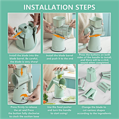 PDAENLKY Rotary Cheese Grater with Handle 5 in 1 Cheese Grater Hand Crank Cheese Shredder with Strong Suction Base Kitchen Vegetable Slicer with 5 Interchangeable Blades, Storage Box, Green