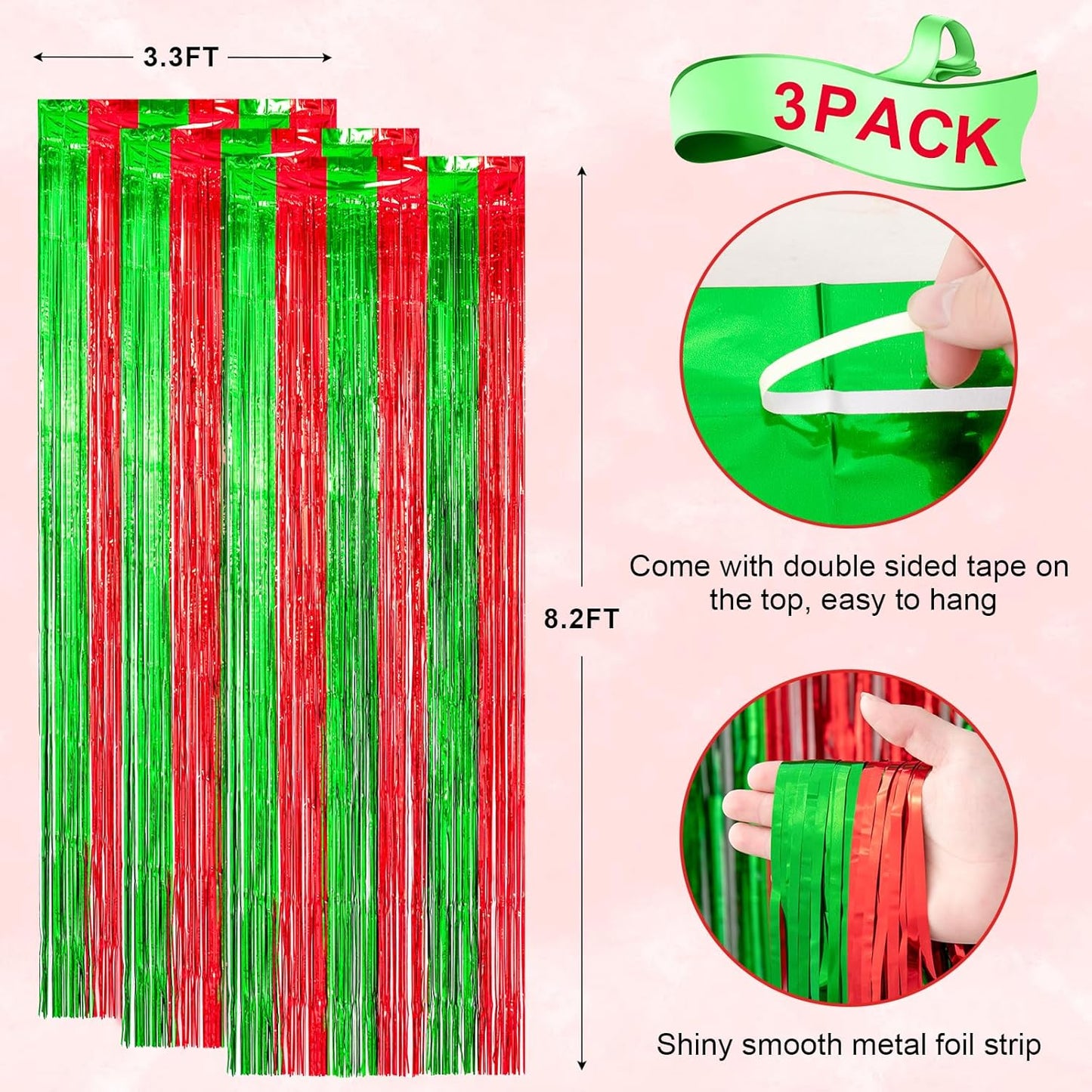 Voircoloria 3 Pack Red & Green Foil Fringe Backdrop Curtains - 3.3x8.2 Feet Tinsel Streamers for Parties
