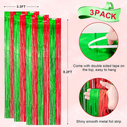Voircoloria 3 Pack Red & Green Foil Fringe Backdrop Curtains - 3.3x8.2 Feet Tinsel Streamers for Parties
