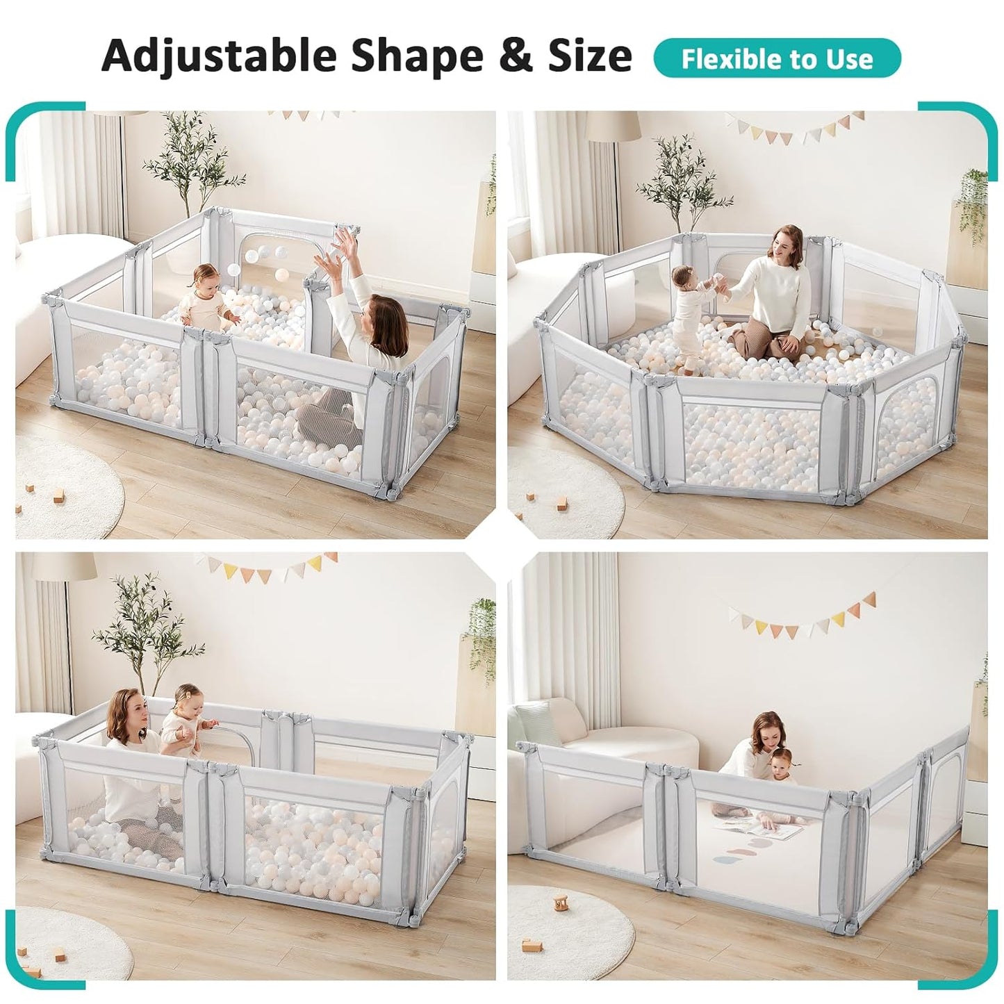 Doradotey Baby Playpen - Adjustable Large Playard for Infants & Toddlers | Foldable Indoor Mesh Fence, Light Grey 180x200x68cm