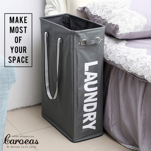 Caroeas 24" Slim Laundry Basket - Waterproof Collapsible Hamper with Breathable Mesh Cover & Soft Handle (Grey)