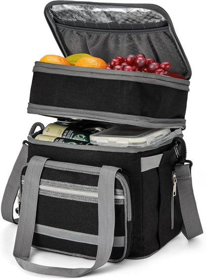 EXLIFBAG Insulated Lunch Box - Double Deck Leakproof Cooler for Adults | Adjustable Shoulder Strap, Black