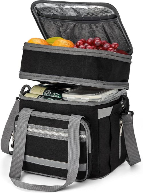 EXLIFBAG Insulated Lunch Box - Double Deck Leakproof Cooler for Adults | Adjustable Shoulder Strap, Black