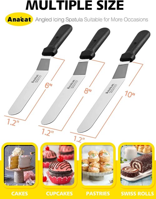 Anaeat Icing Spatulas - Set of 3 Professional Angled Offset Cake Spatulas with Stainless Steel Blades (6", 8", 10")