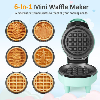Sunvivi Mini Waffle Maker - 6-in-1 Nonstick Waffle Iron with Removable Plates Set | Light Blue