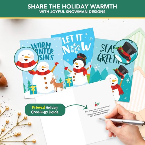 Decorably Christmas Cards - 16 Pack 5x7in Snowman Designs with Envelopes & Stickers for Holiday Greetings