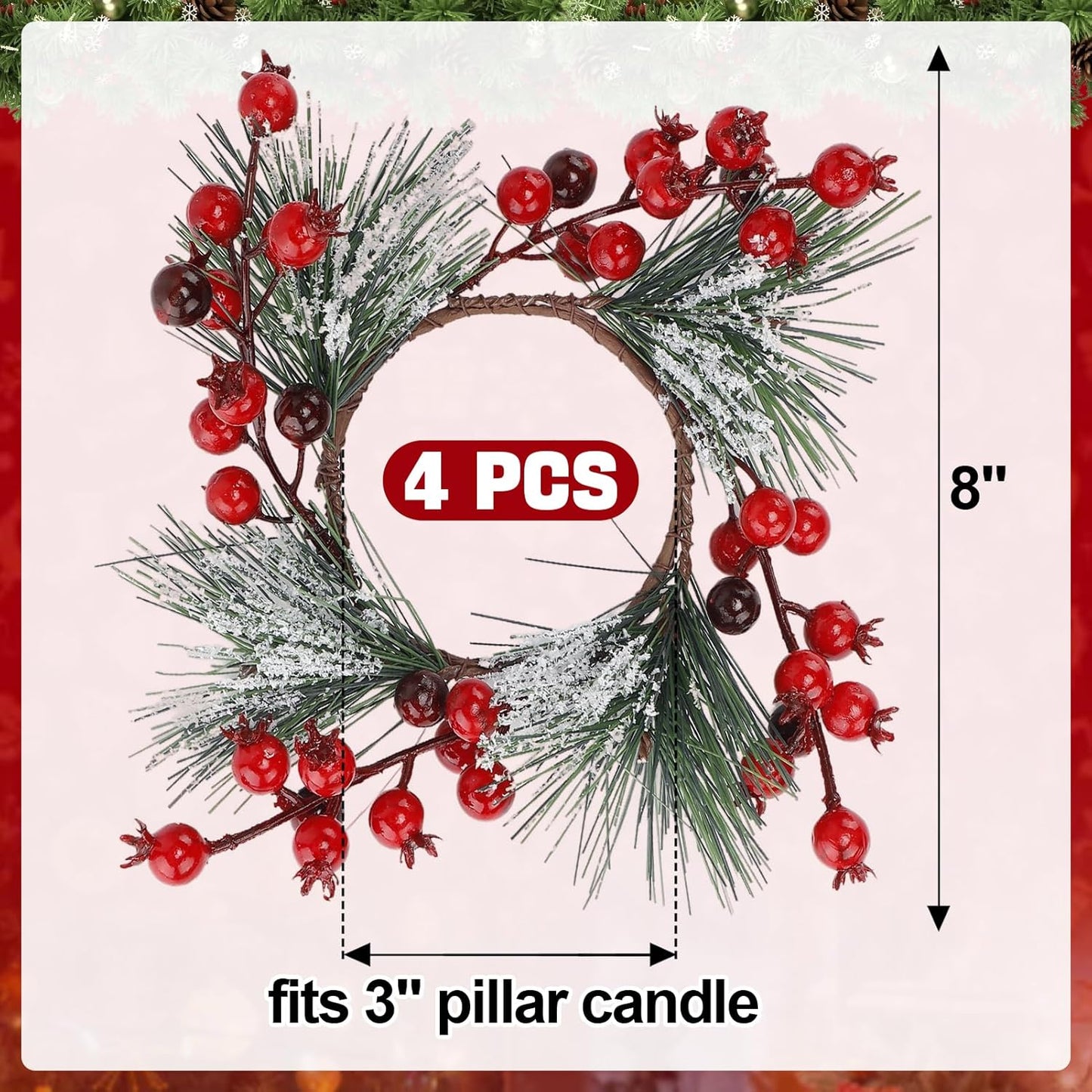 Regine Switzerland Christmas Candle Rings - Wreath Garland for 3" Dia Pillar Candles | Artificial Red Berries Decor