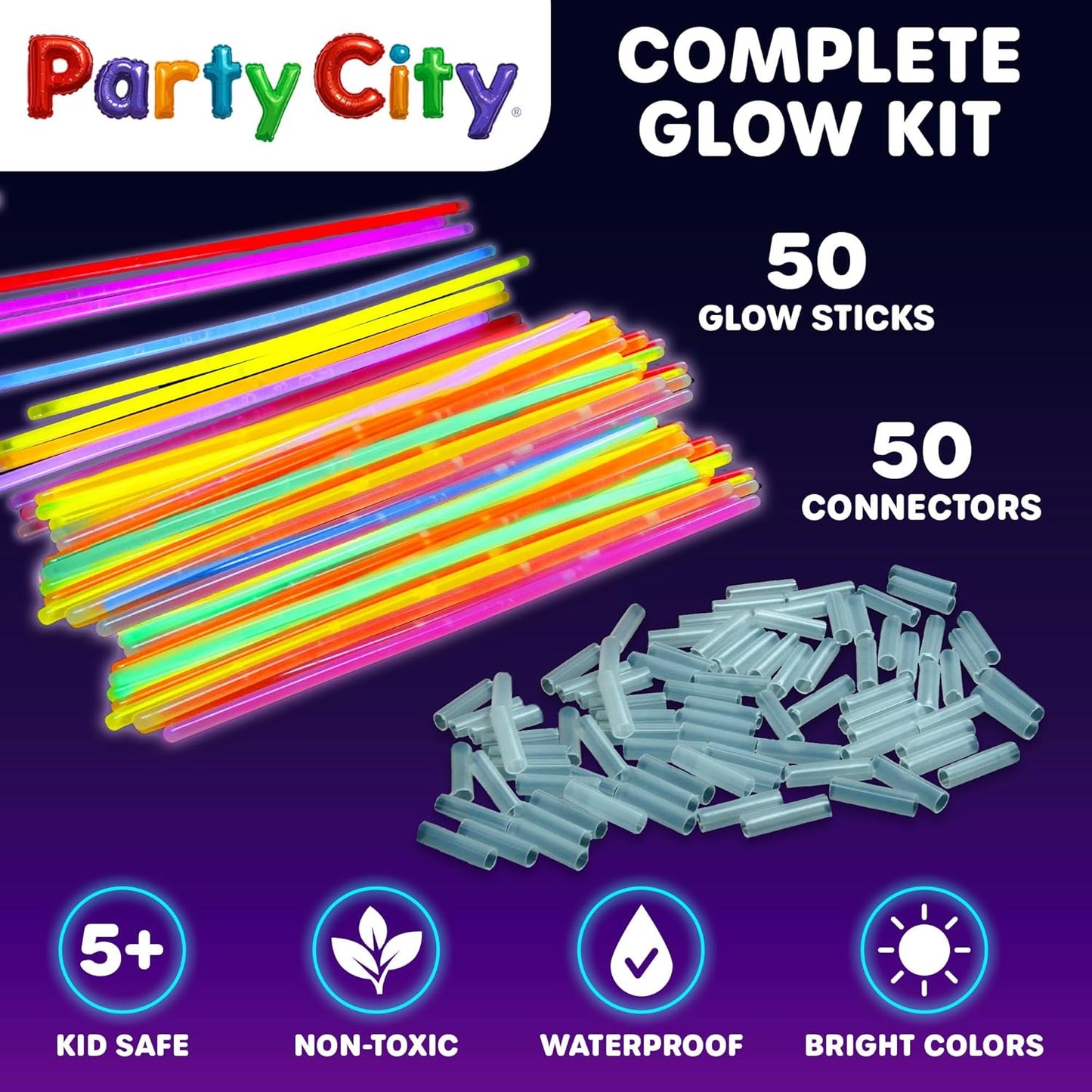 Party City 50 Glow Sticks - Neon Glow in the Dark Party Supplies | Connectors for Bracelets & Necklaces