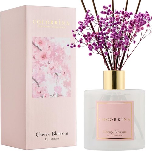 Cocorrína Reed Diffuser - Cherry Blossom Scented Home Decor | 17 Fl. Oz with 8 Sticks & Preserved Flowers