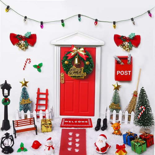 Celltestria 39-Piece Red Christmas Elf Fairy Door Decoration Set | Miniature Figures & Wooden Doors for Dollhouses